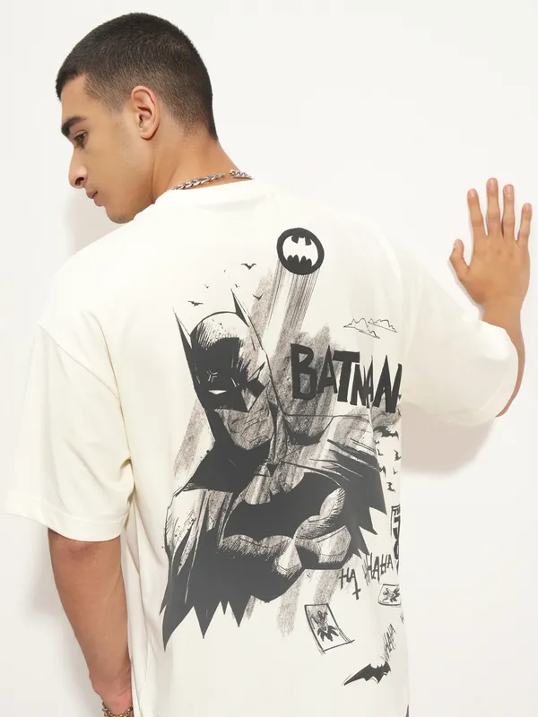 DC By Highlander Men Off White Batman Printed Round Neck Oversized Fit T-Shirt