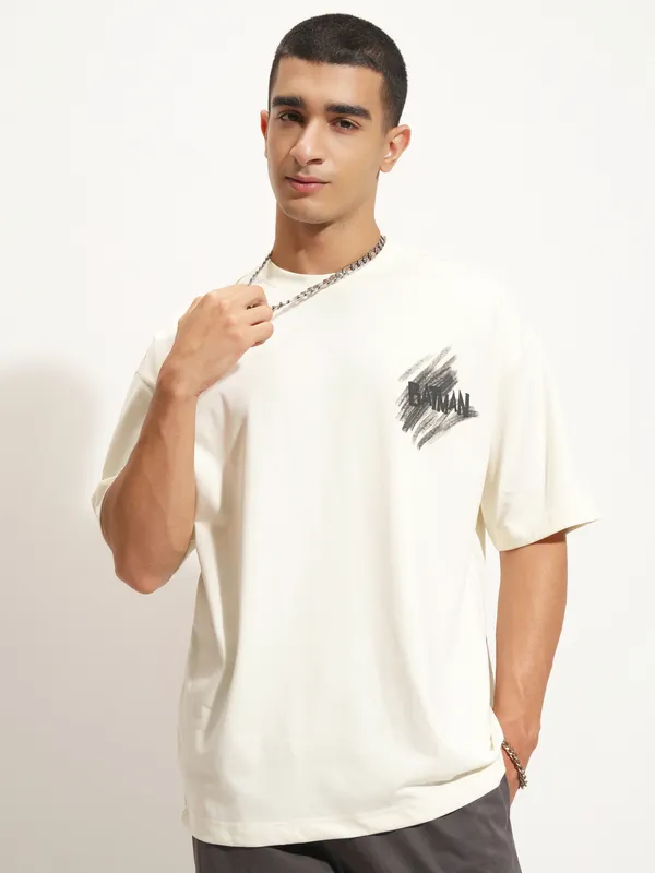DC By Highlander Men Off White Batman Printed Round Neck Oversized Fit T-Shirt
