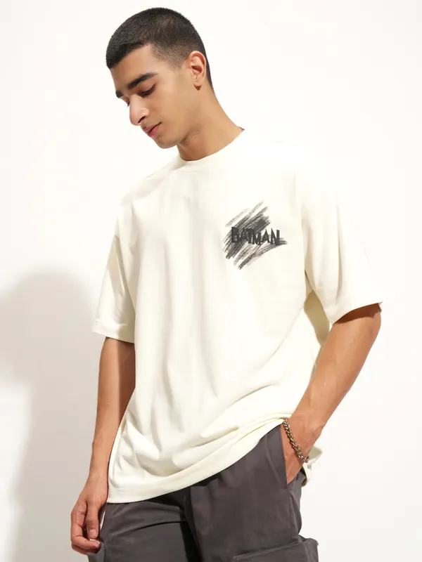 DC By Highlander Men Off White Batman Printed Round Neck Oversized Fit T-Shirt
