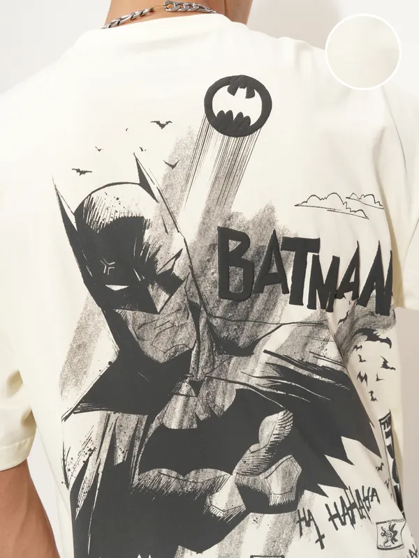 DC By Highlander Men Off White Batman Printed Round Neck Oversized Fit T-Shirt
