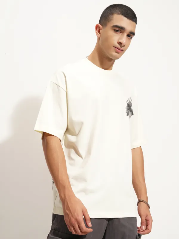 DC By Highlander Men Off White Batman Printed Round Neck Oversized Fit T-Shirt