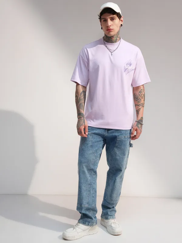 DC By Highlander Men Mauve Batman Printed Round Neck Oversized Fit T-Shirt