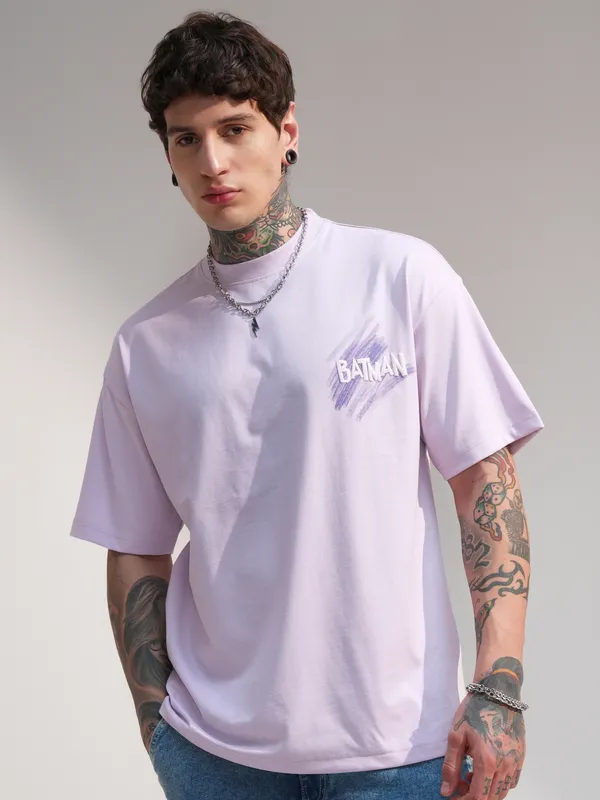 DC By Highlander Men Mauve Batman Printed Round Neck Oversized Fit T-Shirt