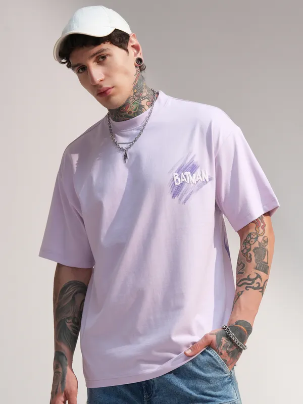 DC By Highlander Men Mauve Batman Printed Round Neck Oversized Fit T-Shirt