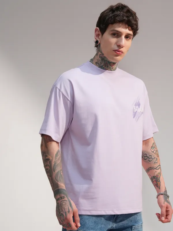 DC By Highlander Men Mauve Batman Printed Round Neck Oversized Fit T-Shirt