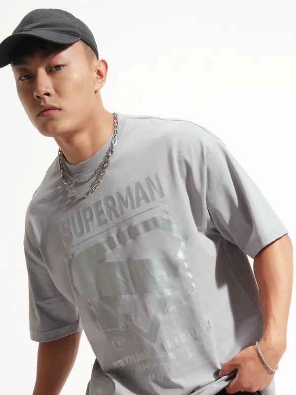 DC By Highlander Men Grey Superman Printed Round Neck Oversized Fit T-Shirt
