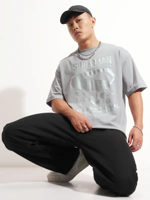 DC By Highlander Men Grey Superman Printed Round Neck Oversized Fit T-Shirt