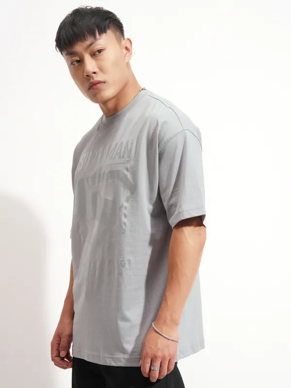 DC By Highlander Men Grey Superman Printed Round Neck Oversized Fit T-Shirt