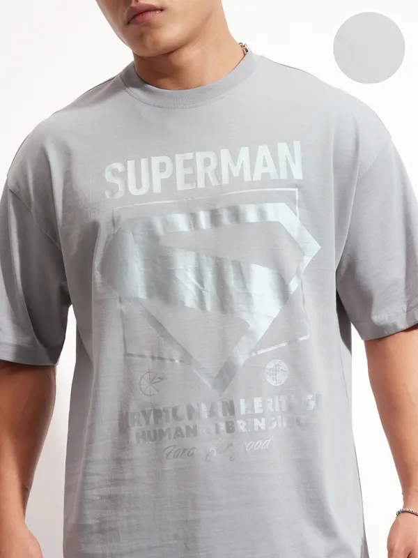DC By Highlander Men Grey Superman Printed Round Neck Oversized Fit T-Shirt