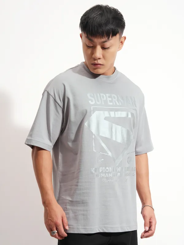 DC By Highlander Men Grey Superman Printed Round Neck Oversized Fit T-Shirt