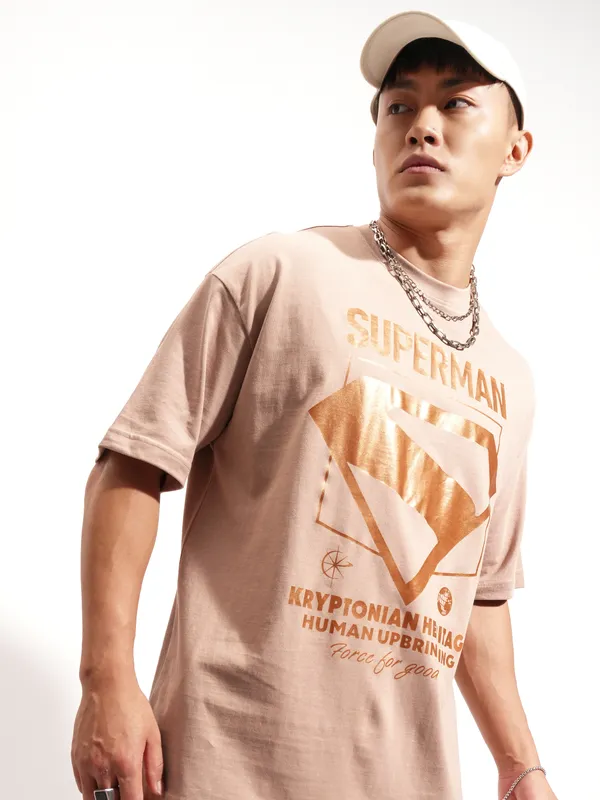 DC By Highlander Men Tan Superman Printed Round Neck Oversized Fit T-Shirt