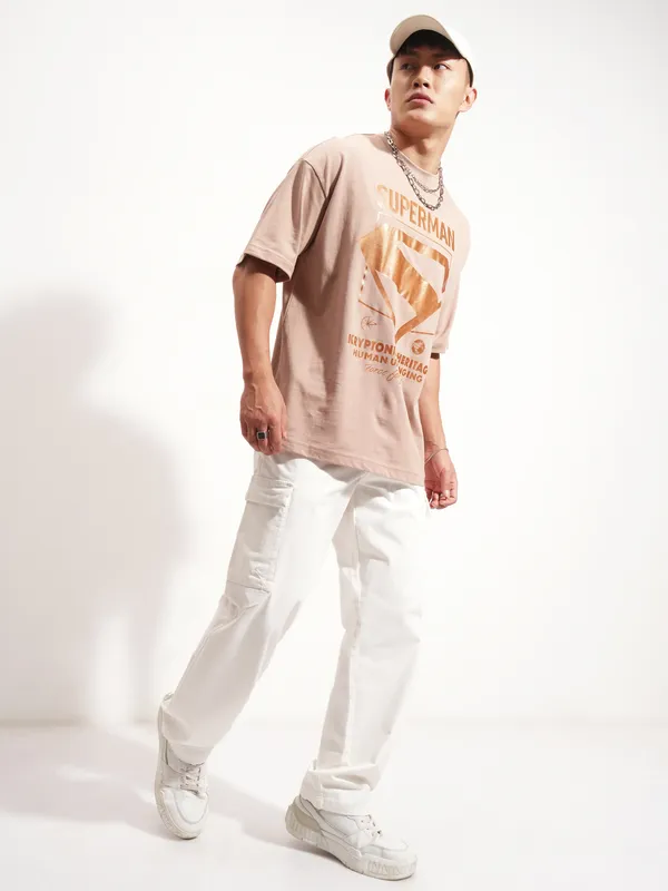 DC By Highlander Men Tan Superman Printed Round Neck Oversized Fit T-Shirt