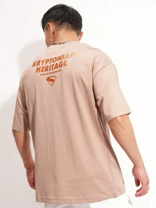 DC By Highlander Men Tan Superman Printed Round Neck Oversized Fit T-Shirt