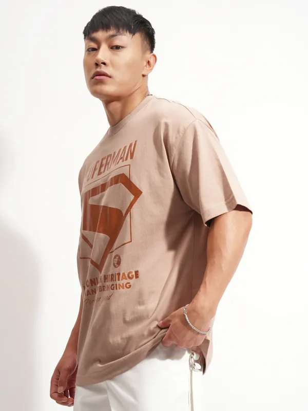 DC By Highlander Men Tan Superman Printed Round Neck Oversized Fit T-Shirt