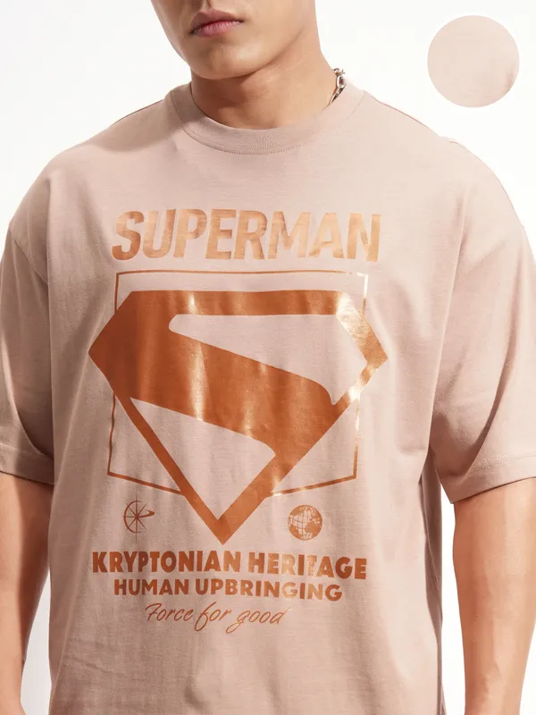 DC By Highlander Men Tan Superman Printed Round Neck Oversized Fit T-Shirt