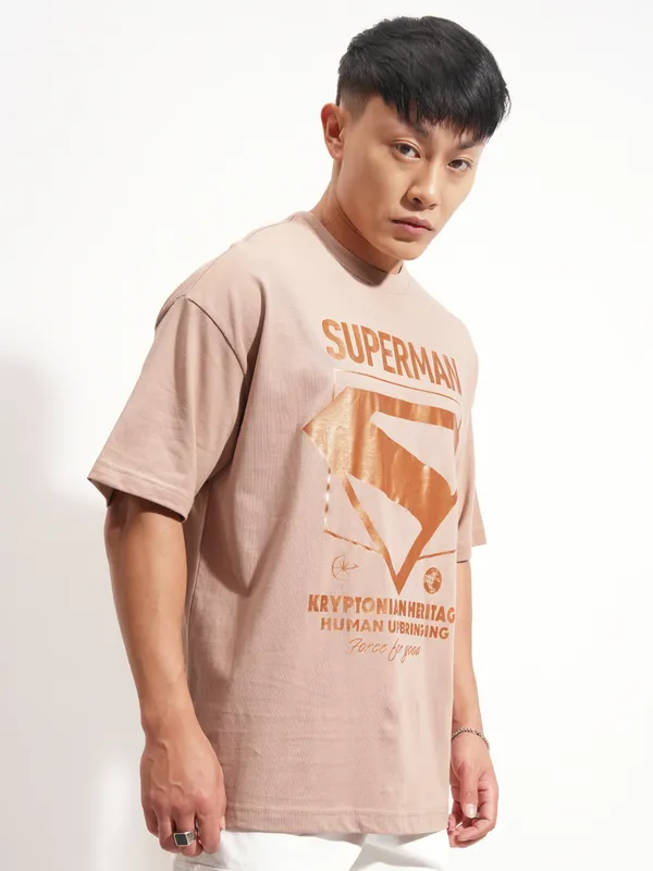 DC By Highlander Men Tan Superman Printed Round Neck Oversized Fit T-Shirt