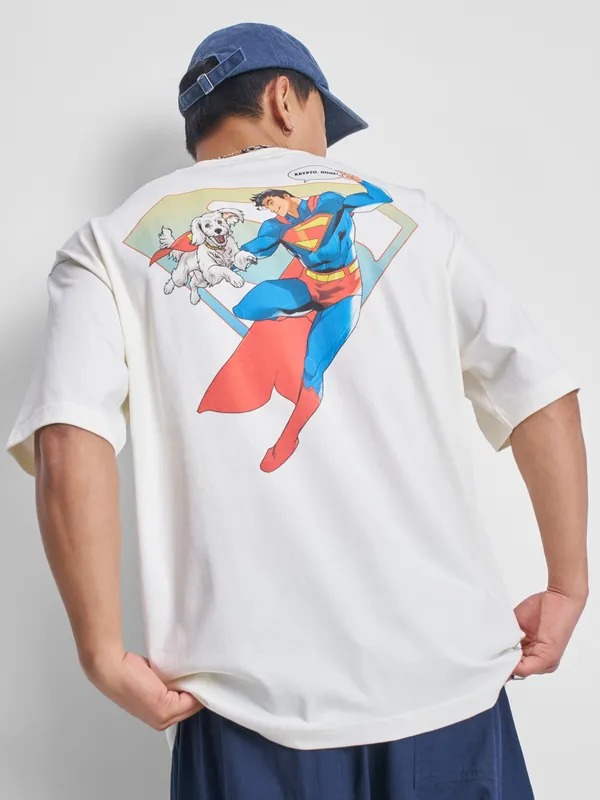 DC By Highlander Men Off White Superman Printed Round Neck Oversized Fit T-Shirt
