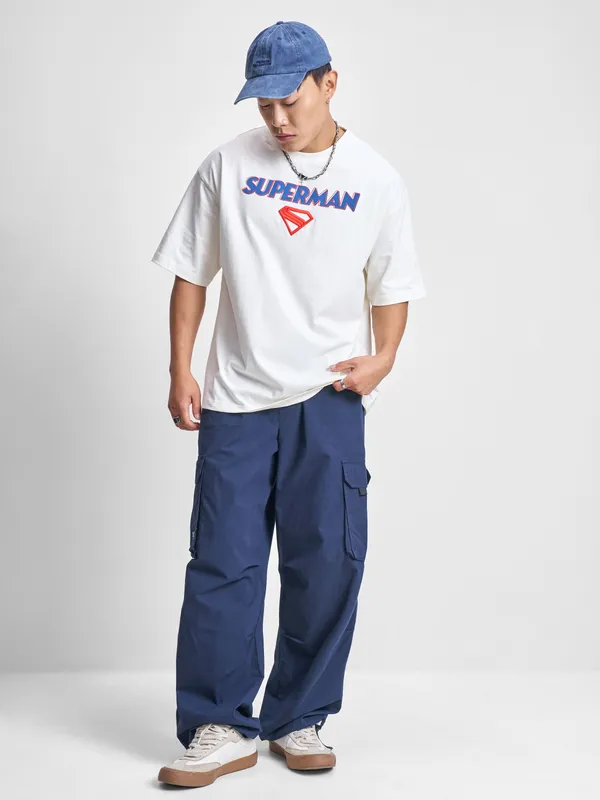 DC By Highlander Men Off White Superman Printed Round Neck Oversized Fit T-Shirt