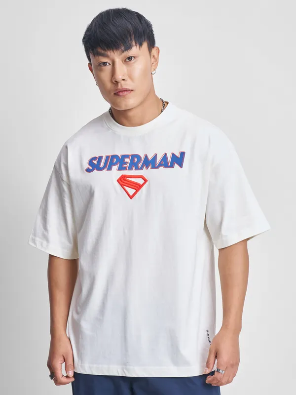 DC By Highlander Men Off White Superman Printed Round Neck Oversized Fit T-Shirt