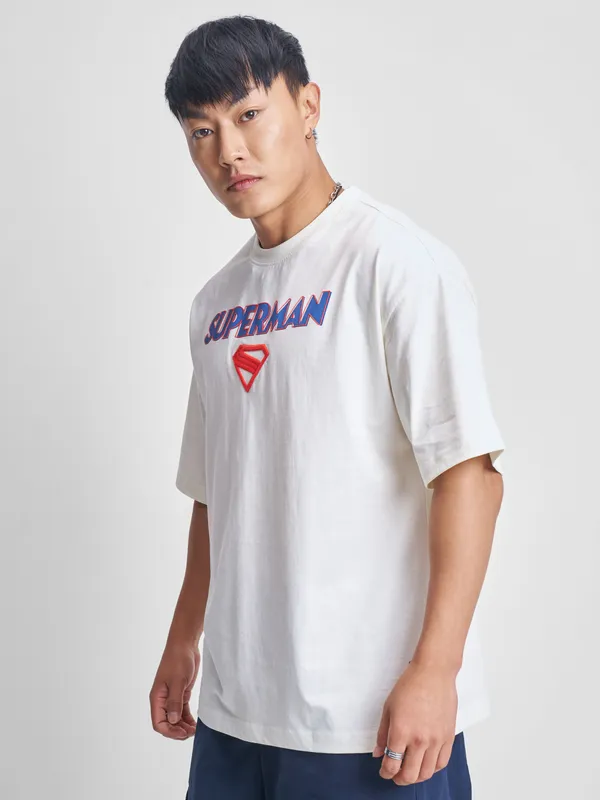 DC By Highlander Men Off White Superman Printed Round Neck Oversized Fit T-Shirt