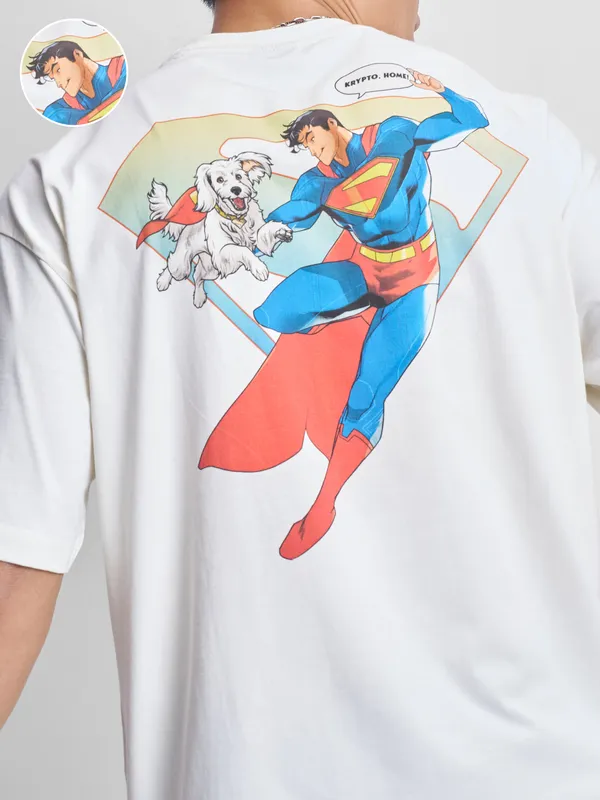 DC By Highlander Men Off White Superman Printed Round Neck Oversized Fit T-Shirt