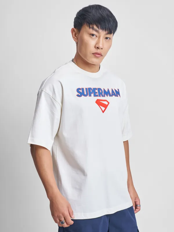 DC By Highlander Men Off White Superman Printed Round Neck Oversized Fit T-Shirt