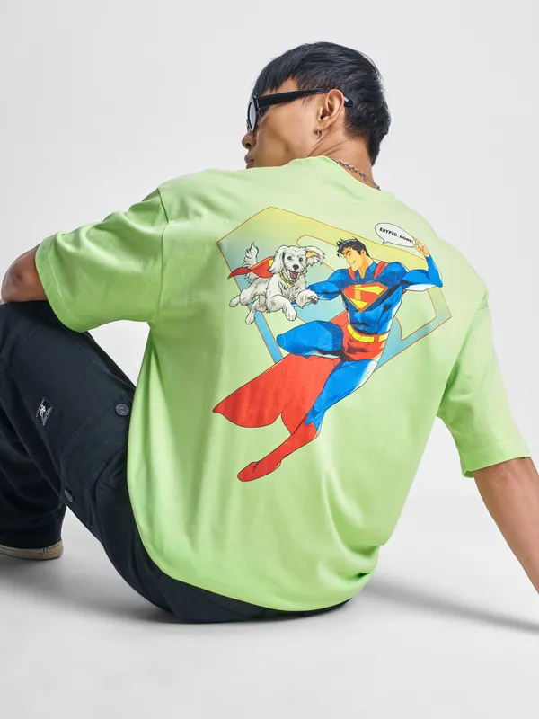 DC By Highlander Men Green Superman Printed Round Neck Oversized Fit T-Shirt