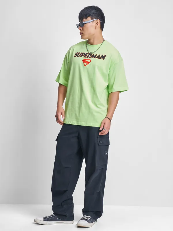 DC By Highlander Men Green Superman Printed Round Neck Oversized Fit T-Shirt