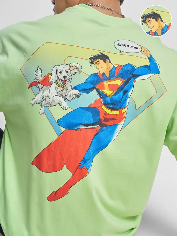 DC By Highlander Men Green Superman Printed Round Neck Oversized Fit T-Shirt