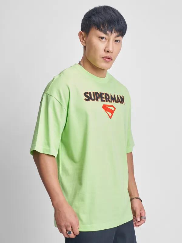DC By Highlander Men Green Superman Printed Round Neck Oversized Fit T-Shirt