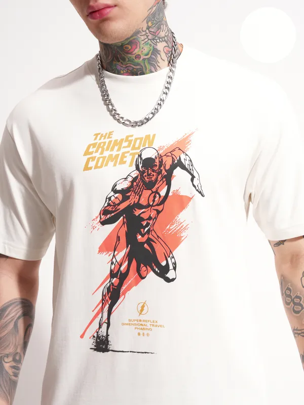 DC By Highlander Men White Flash Printed Round Neck T-Shirt