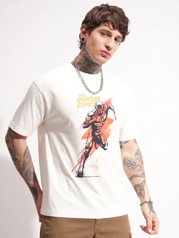 DC By Highlander Men White Flash Printed Round Neck T-Shirt