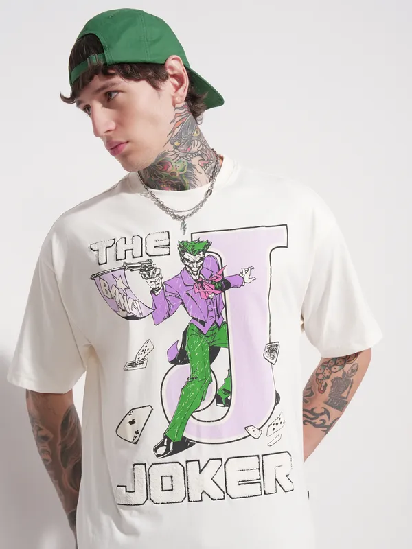 DC By Highlander Men Cream Joker Printed Round Neck Oversized Fit T-Shirt