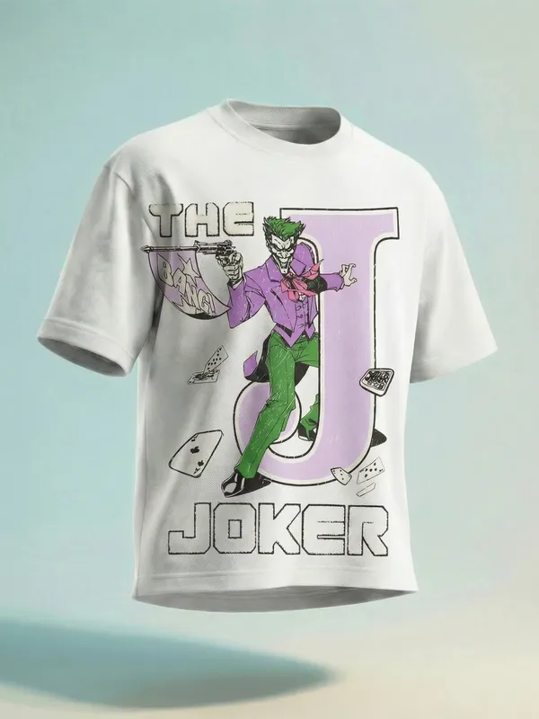 DC By Highlander Men White Batman Printed Round Neck Oversized Fit T-Shirt