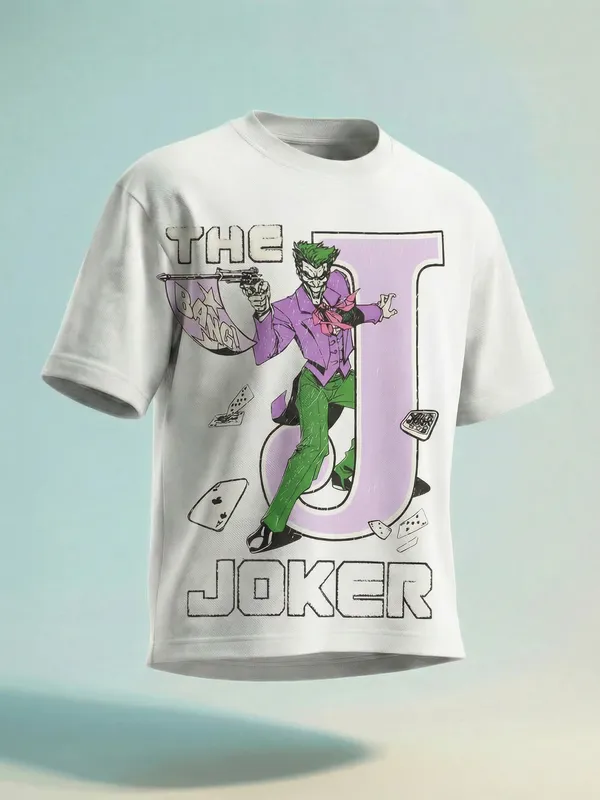 DC By Highlander Men White Batman Printed Round Neck Oversized Fit T-Shirt