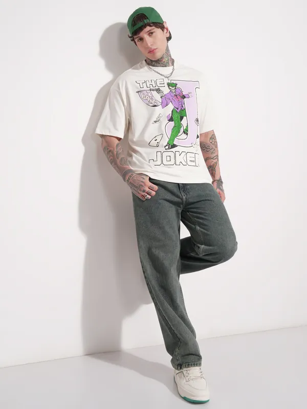 DC By Highlander Men Cream Joker Printed Round Neck Oversized Fit T-Shirt