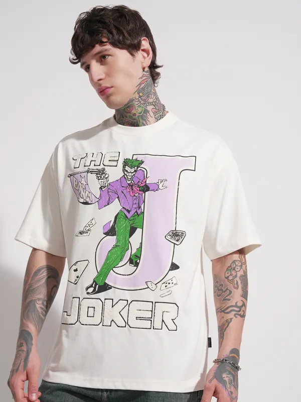 DC By Highlander Men Cream Joker Printed Round Neck Oversized Fit T-Shirt