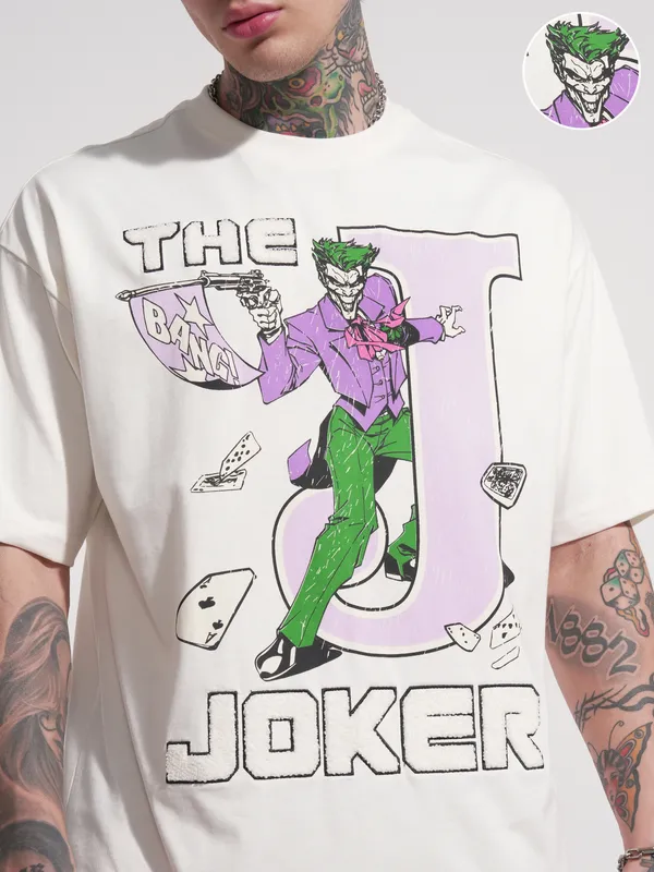 DC By Highlander Men Cream Joker Printed Round Neck Oversized Fit T-Shirt
