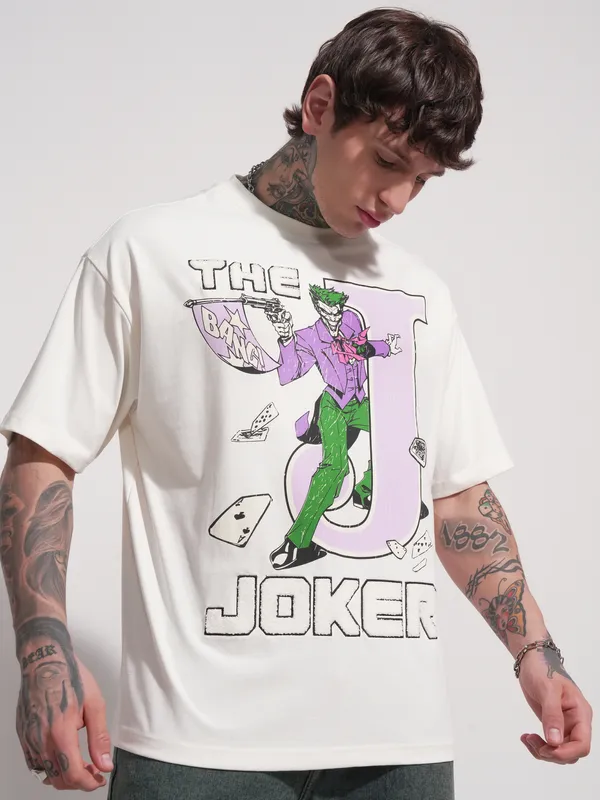 DC By Highlander Men Cream Joker Printed Round Neck Oversized Fit T-Shirt