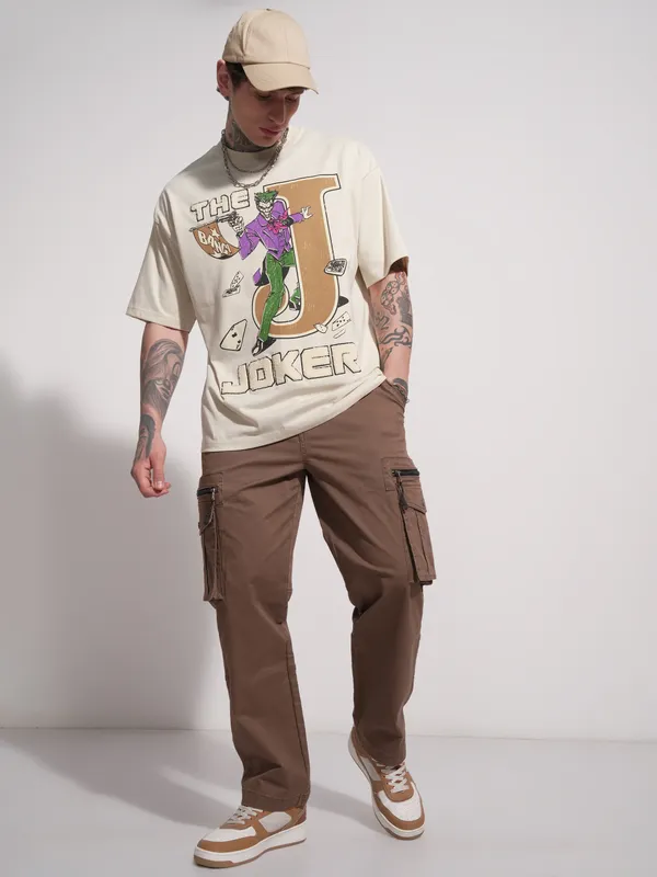 DC By Highlander Men Cream Joker Printed Round Neck Oversized Fit T-Shirt