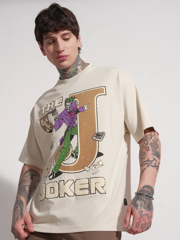 DC By Highlander Men Cream Joker Printed Round Neck Oversized Fit T-Shirt