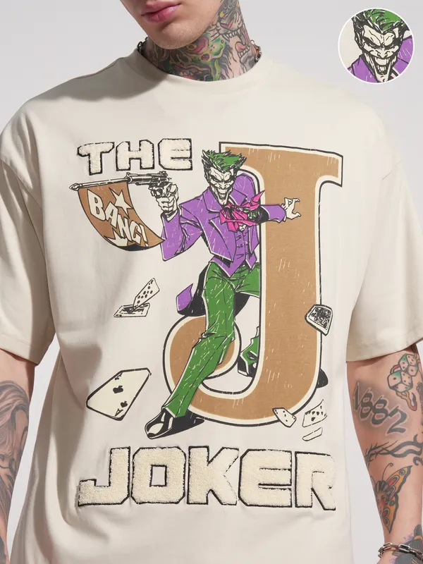 DC By Highlander Men Cream Joker Printed Round Neck Oversized Fit T-Shirt