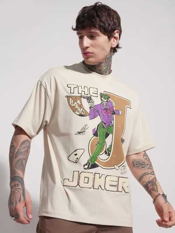 DC By Highlander Men Cream Joker Printed Round Neck Oversized Fit T-Shirt