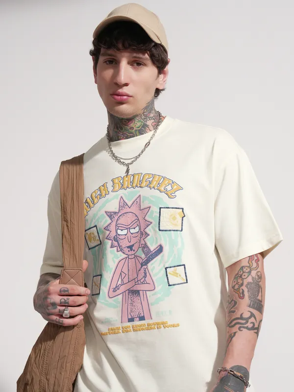 WB By Highlander Men Off White Rick and Morty Printed Round Neck Oversized Fit T-Shirt