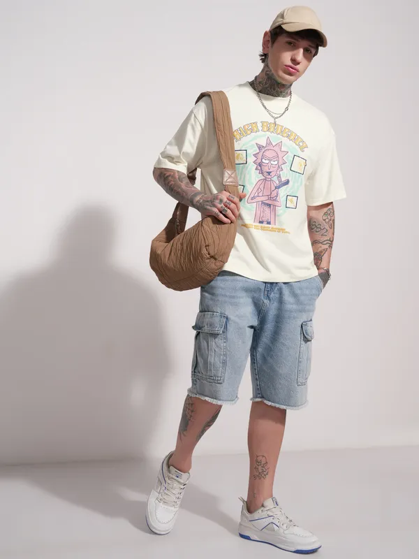 WB By Highlander Men Off White Rick and Morty Printed Round Neck Oversized Fit T-Shirt