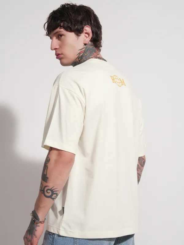 WB By Highlander Men Off White Rick and Morty Printed Round Neck Oversized Fit T-Shirt