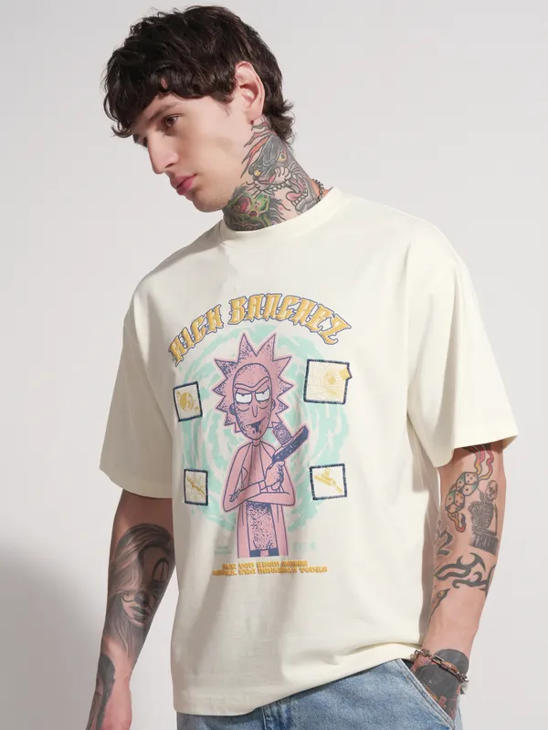WB By Highlander Men Off White Rick and Morty Printed Round Neck Oversized Fit T-Shirt
