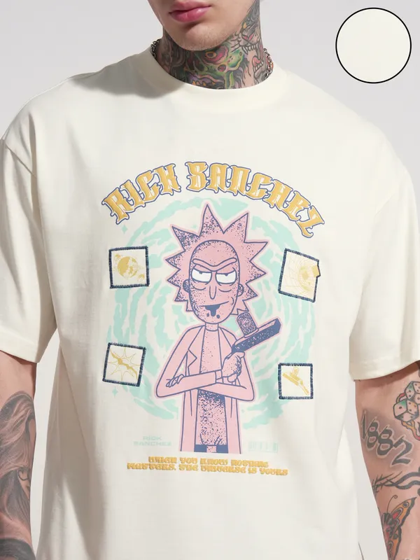 WB By Highlander Men Off White Rick and Morty Printed Round Neck Oversized Fit T-Shirt