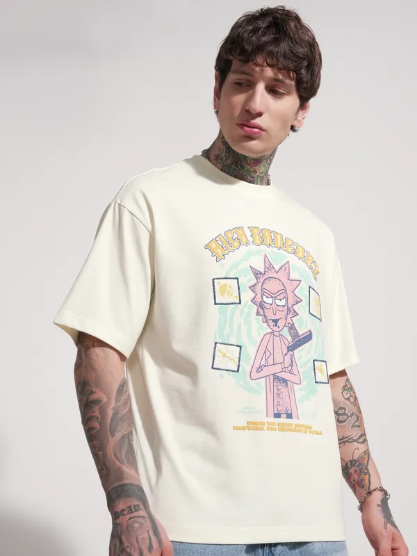 WB By Highlander Men Off White Rick and Morty Printed Round Neck Oversized Fit T-Shirt