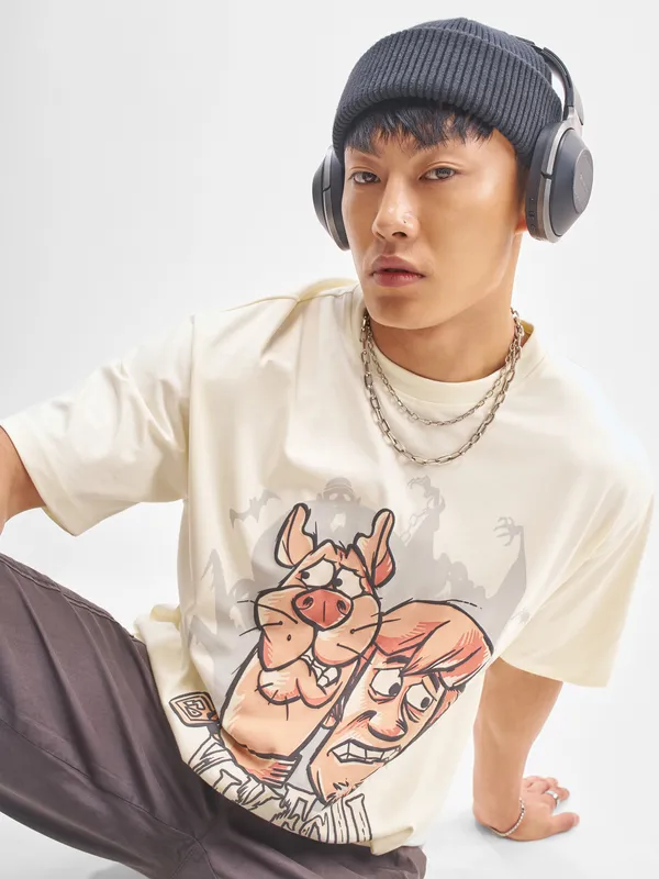 WB By Highlander Men Off White Scooby Doo Printed Round Neck T-Shirt